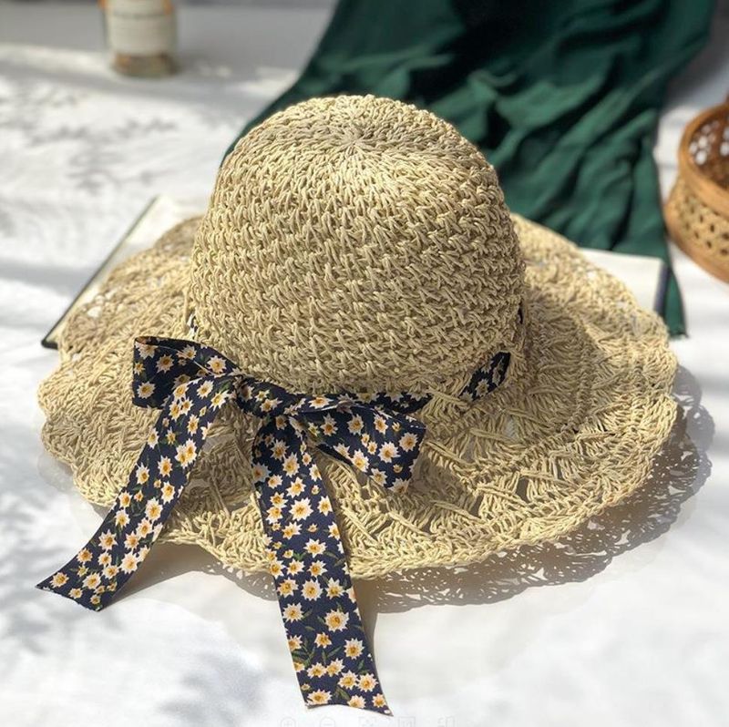 Handmade Straw Hollow Bow Streamer Straw Hat Women's Summer Travel Photo Visor 2024 New Beach Hat_voghion.com