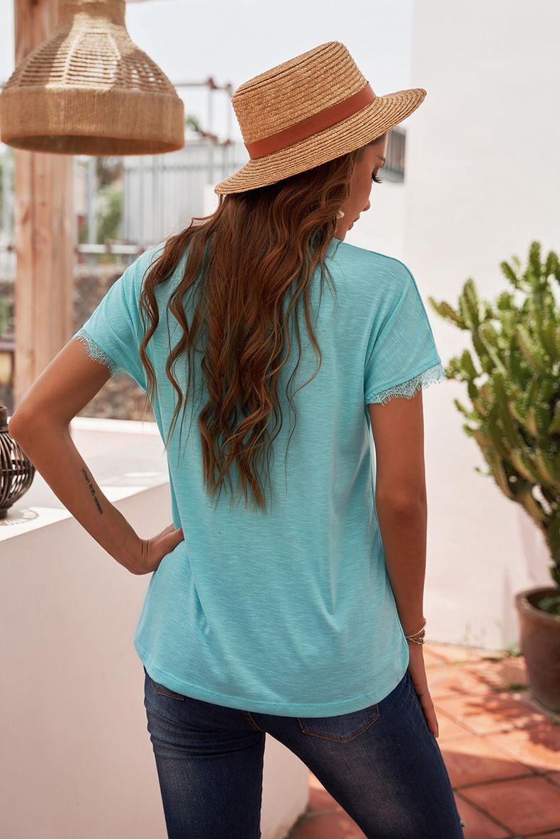 Lässiges T-Shirt für Damen mit V-Ausschnitt und Spitzenbesatz für den Sommer – atmungsaktives Polyester, lockere Passform, kurze Ärmel, einfarbig_voghion.com
