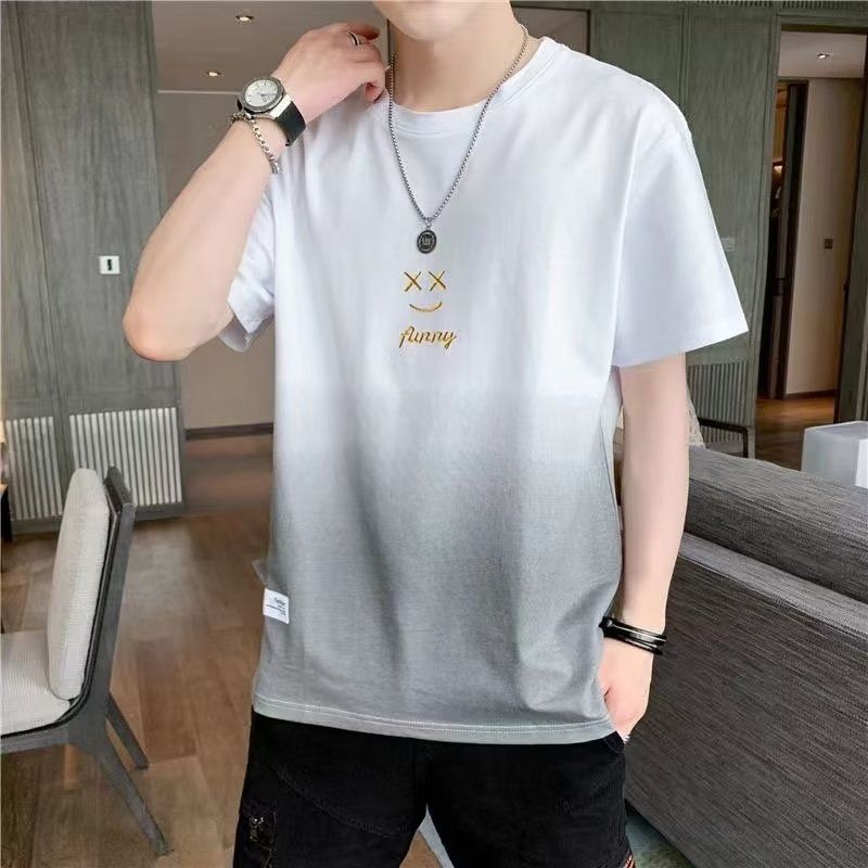 Camiseta de manga corta con cara sonriente en degradado para hombre, marca de moda de verano 2024, diseño de media manga, camiseta transpirable Sense_voghion.com