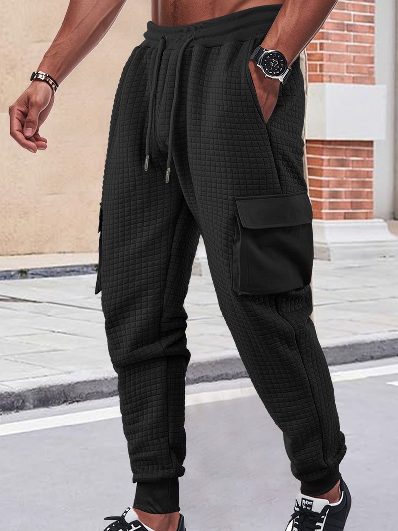 Men's Spring And Autumn New Thickened Multi-Pocket Jacquard Checkered Casual Cargo Pants_voghion.com