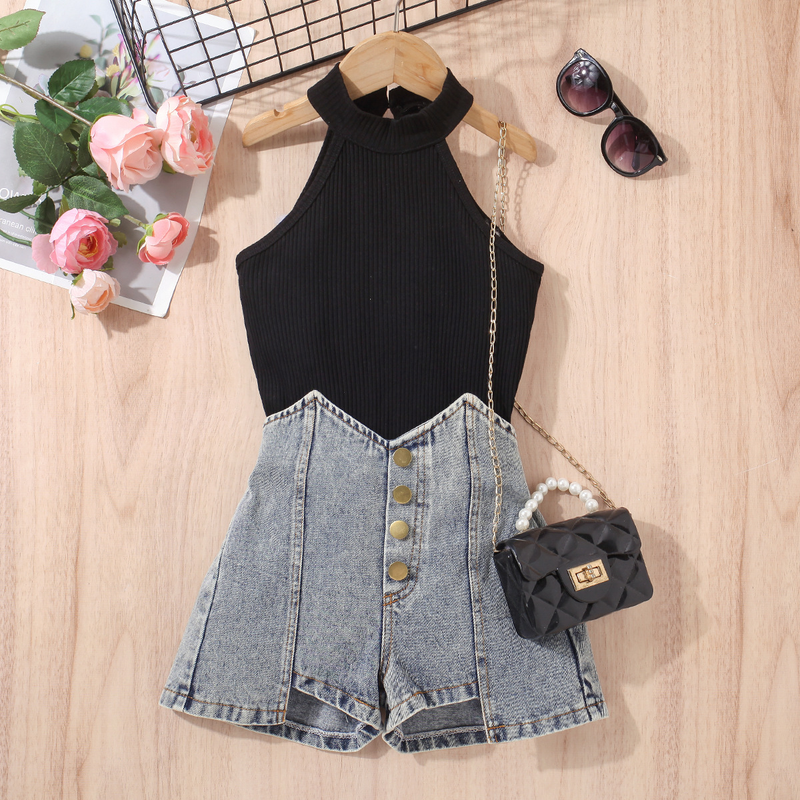 Vêtements d'été pour bébés filles et enfants, pull sans manches, sans bretelles, short en denim déchiré de couleur unie, ensemble deux pièces_voghion.com