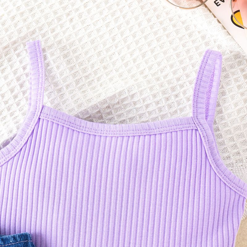 Treasure Salary Children's Fashion Summer Small and Medium Girls Solid Color Pit Stripe jumpsuit+Cowboy Vest Set_voghion.com