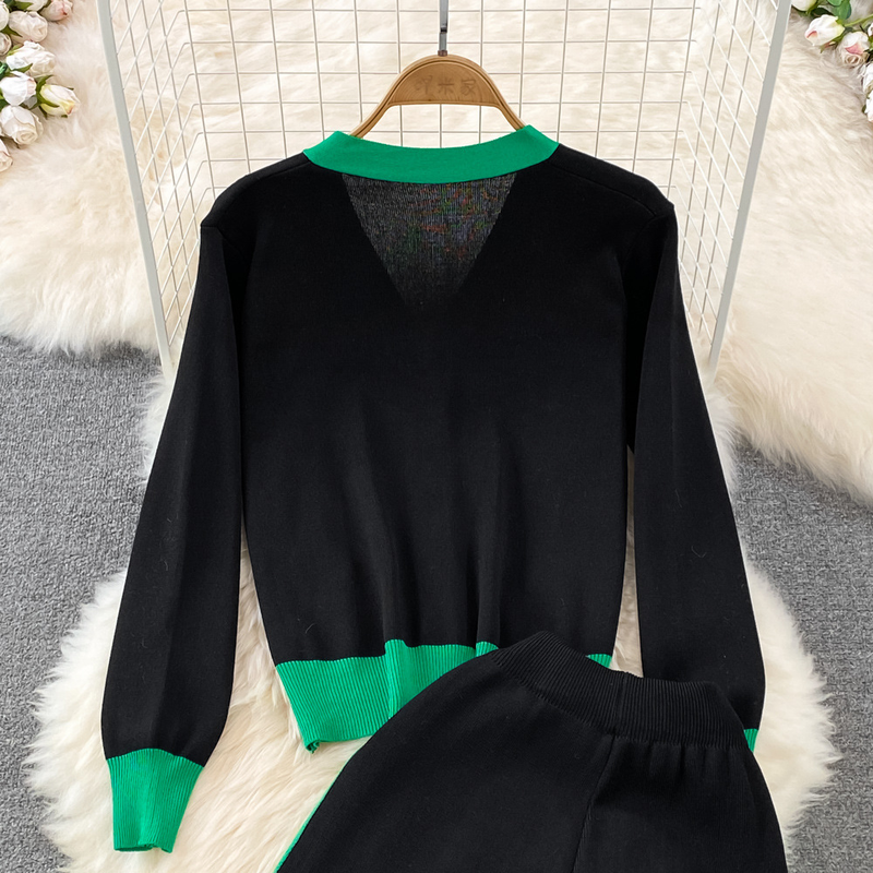 Damenbekleidung, lässiger V-Ausschnitt, lockere Kontrastfarbe, langärmelige Jacke, zweiteiliges Set, hoch taillierte Strickhose mit weitem Bein_voghion.com