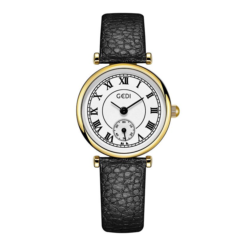 Goldie Simple Student High-End Kleine Sekunde Quarz für Frauen Nischenuhr mit Litschi-Narbenlederarmband_voghion.com