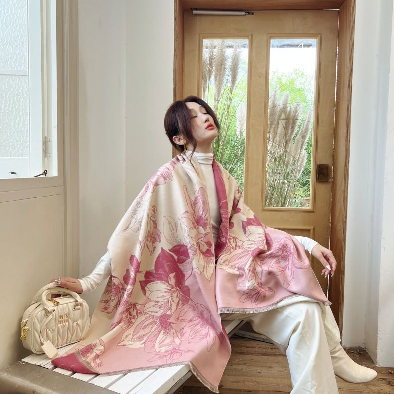 Rudens ziemas magnolijas ziedu aromāta kašmira šalle, sabiezēta Rietumu stila šalle, svaiga, salda,_voghion.com