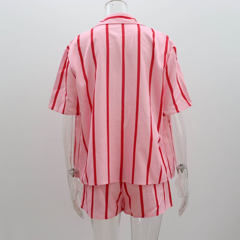 Vêtements pour femmes printemps et été nouvelle plage chemise à manches courtes dames loisirs deux pièces mode rayé short costume_voghion.com
