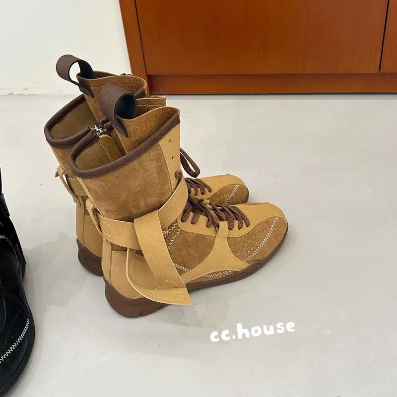 Women Boxing Boots 2025 Spring Height-Increasing Martin For Women, Brown Boxing Suede Round-Toe Lace-Up Sports Boots, Short Boots_voghion.com