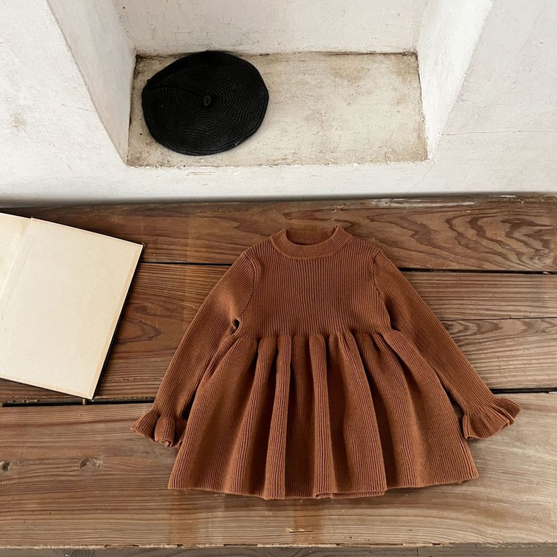 Kleinkind Mädchen Kleidung Baby Baumwolle Trompete Manschetten Wollkleid Säugling Frühling und Herbst Pullover Kleid_voghion.com