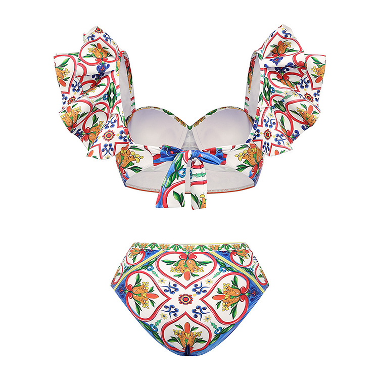 Women's one-shoulder ruffled enamel print beach vacation one-piece swimsuit suit_voghion.com