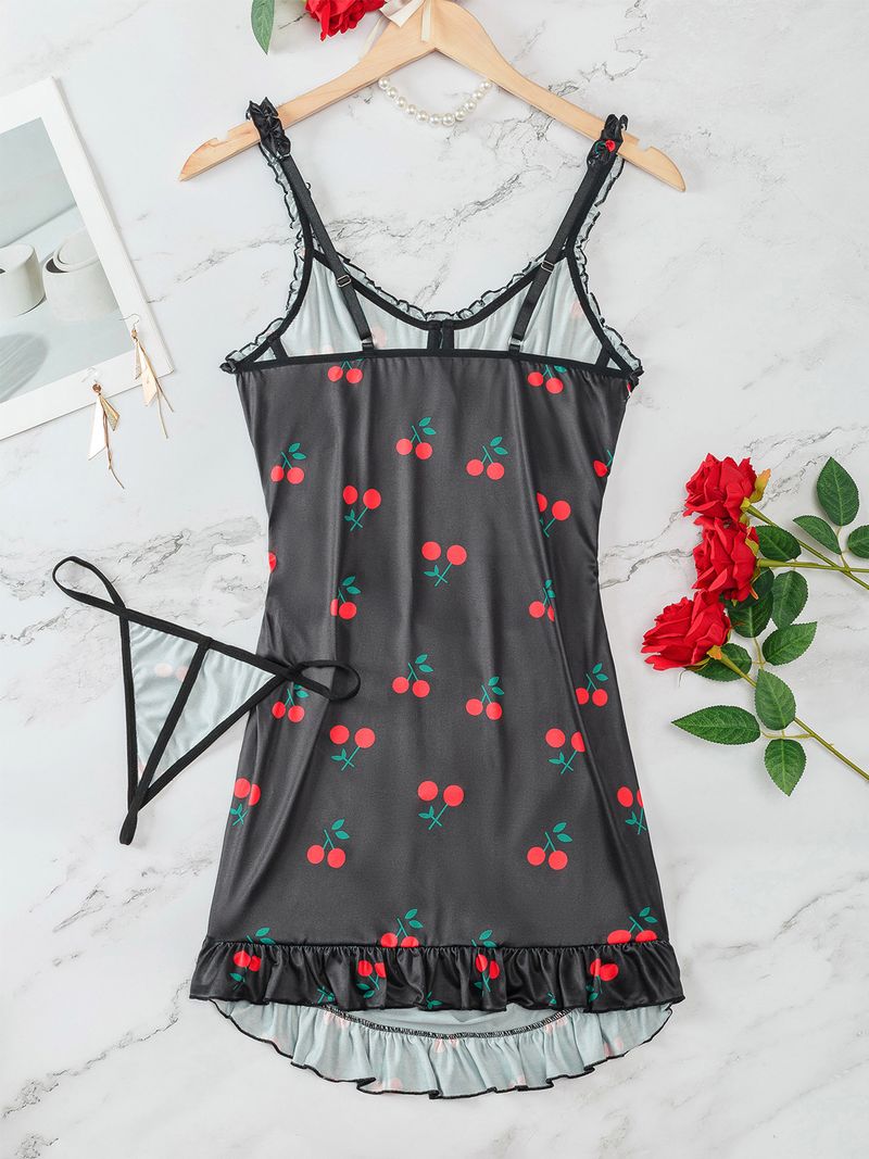 Ensemble sexy et séduisant, robe imprimée cerise en soie de lait, chemise de nuit à vendre_voghion.com