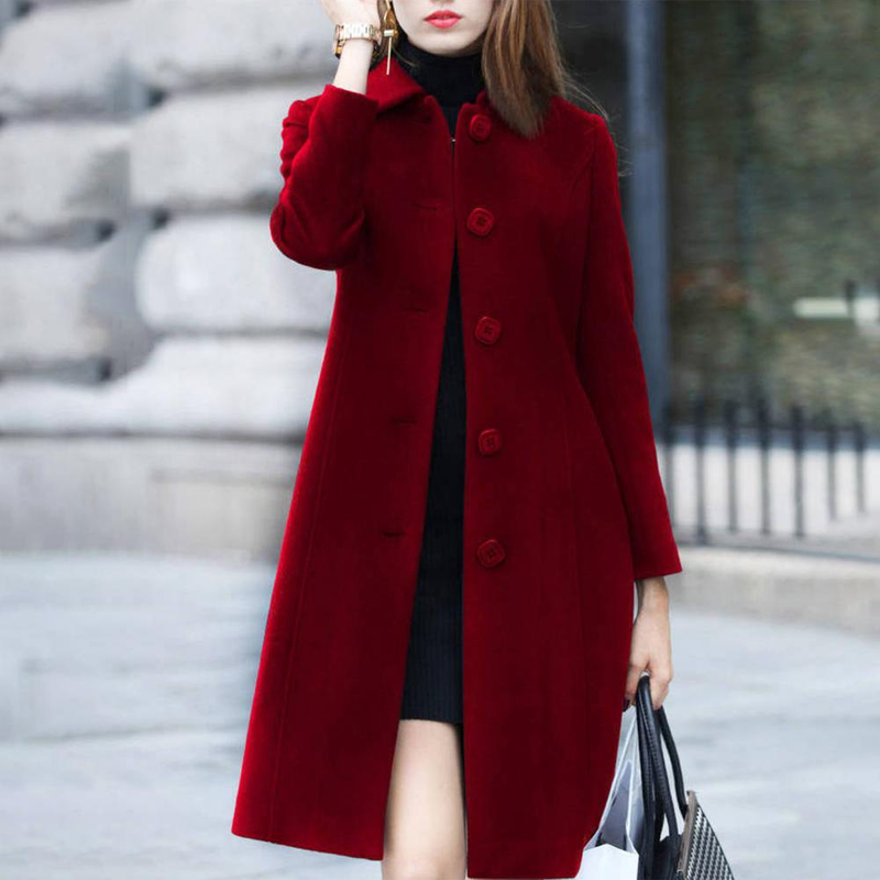 Comemore toamna femei haina cu guler mediu elegant cald iarna jachetă cu un singur nasture culoare solidă turn-down plus size_voghion.com