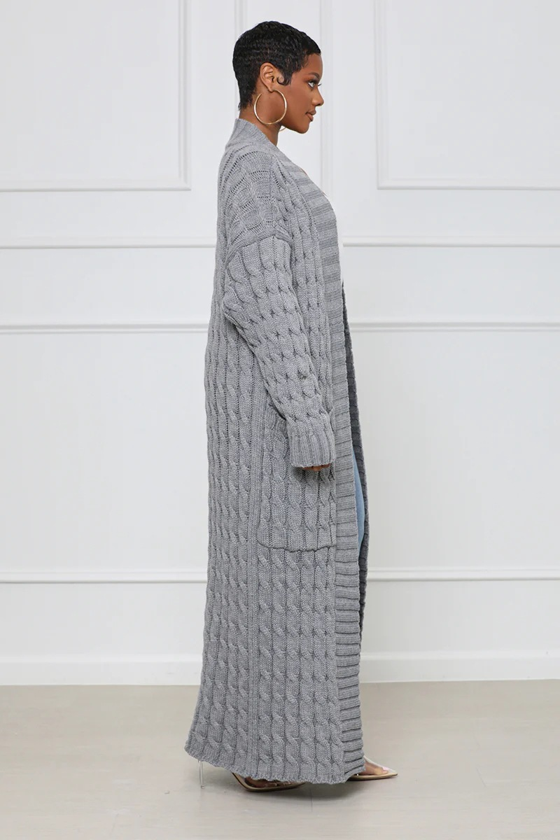 Damenbekleidung Locker gestrickte Strickjacke, gemütliche, übergroße Strickjacke mit Taschen, langer Zopfmuster-Pullovermantel, lockerer Boho-Chic, offene Vorderseite_voghion.com