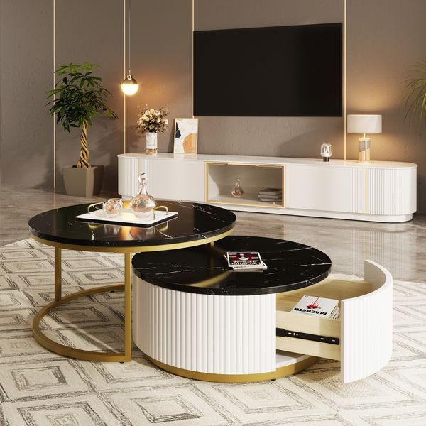 Modern Round Nesting Coffee Table Fluted With Drawer In 31.5''_voghion.com