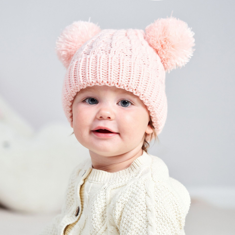 Cappello per bambini con doppia palla in filato acrilico twist in tinta unita per abbigliamento per bambini_voghion.com