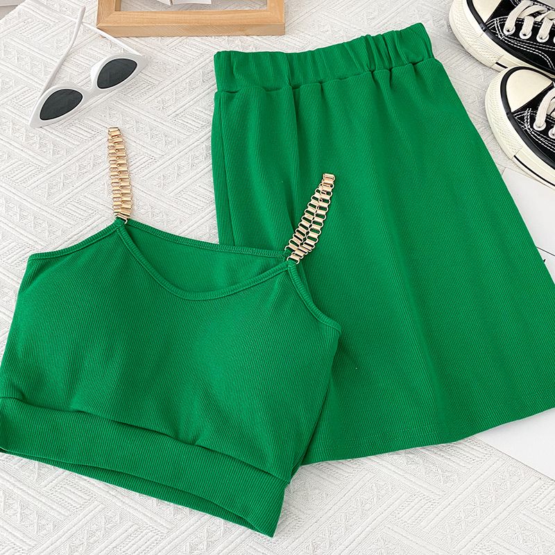 Set due pezzi con canotta corta a catena sexy da donna, gonna aderente a vita alta e gonna a vita alta_voghion.com