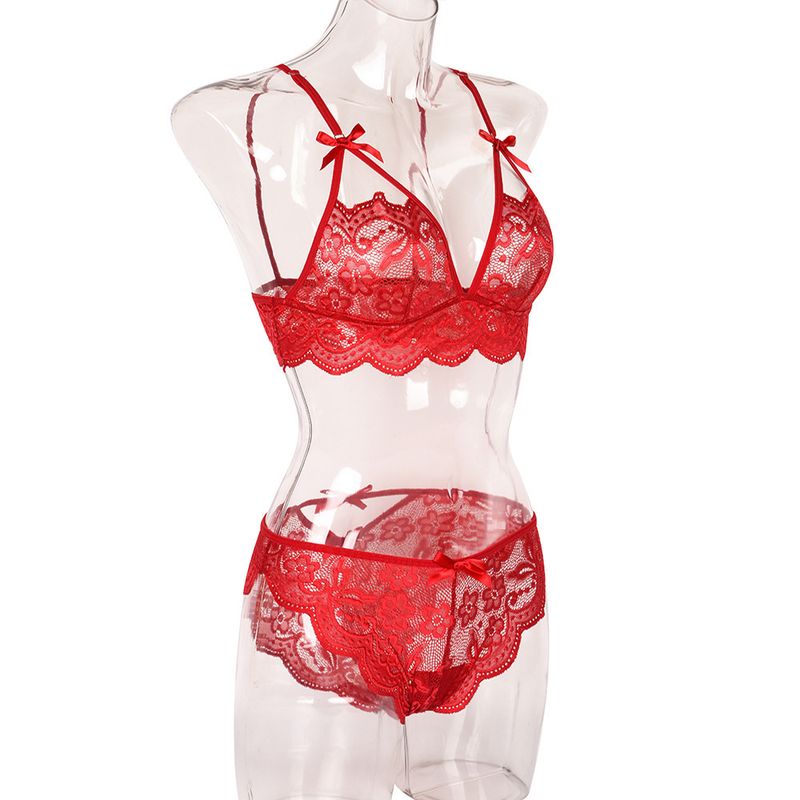 Women's Intimates New Bow Deep V Jacquard Two Piece Sexy Lingerie_voghion.com