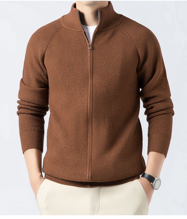 "Men's Textured Knit Cardigan – Stand Collar Drop Shoulder Sweater (Brown/Grey/Black/Navy, Sizes M-XXXL)"_voghion.com