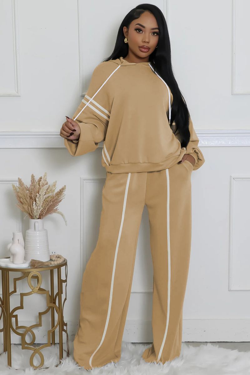 Damenbekleidung Zweiteiliges Set mit Kapuzenpullover mit Bandnähten_voghion.com