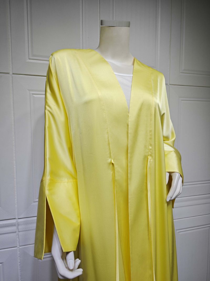 Femei musulmane halat de baie rochie de seară satinată moale cu deschidere frontală halat Abaya culoare solidă_voghion.com