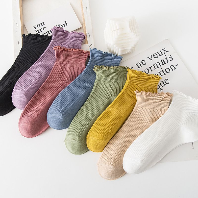 2 pairs of socks for women in a set, spring and summer, wood ear edge boat socks, double needle women's Japanese style short style, women's solid color lace women's socks_voghion.com
