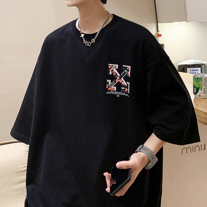 Abbigliamento maschile T-shirt a maniche corte da uomo, ampia, mezza manica, alla moda, girocollo, taglia grande, stile college estivo, casual, versatile_voghion.com