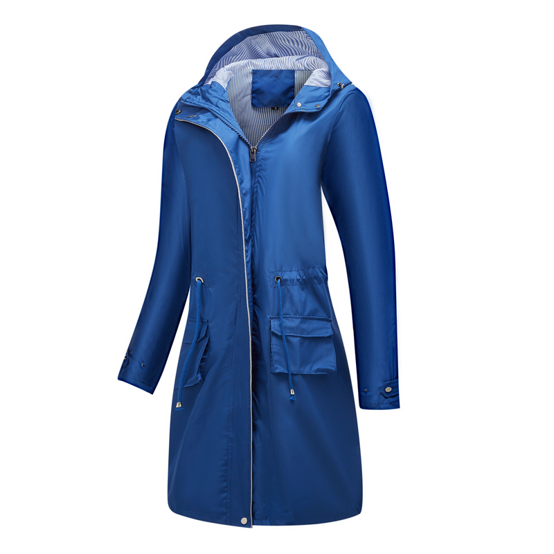 Trench casual da donna K Long con cappuccio, impermeabile, tinta unita con fodera a righe, cappotto dritto._voghion.com