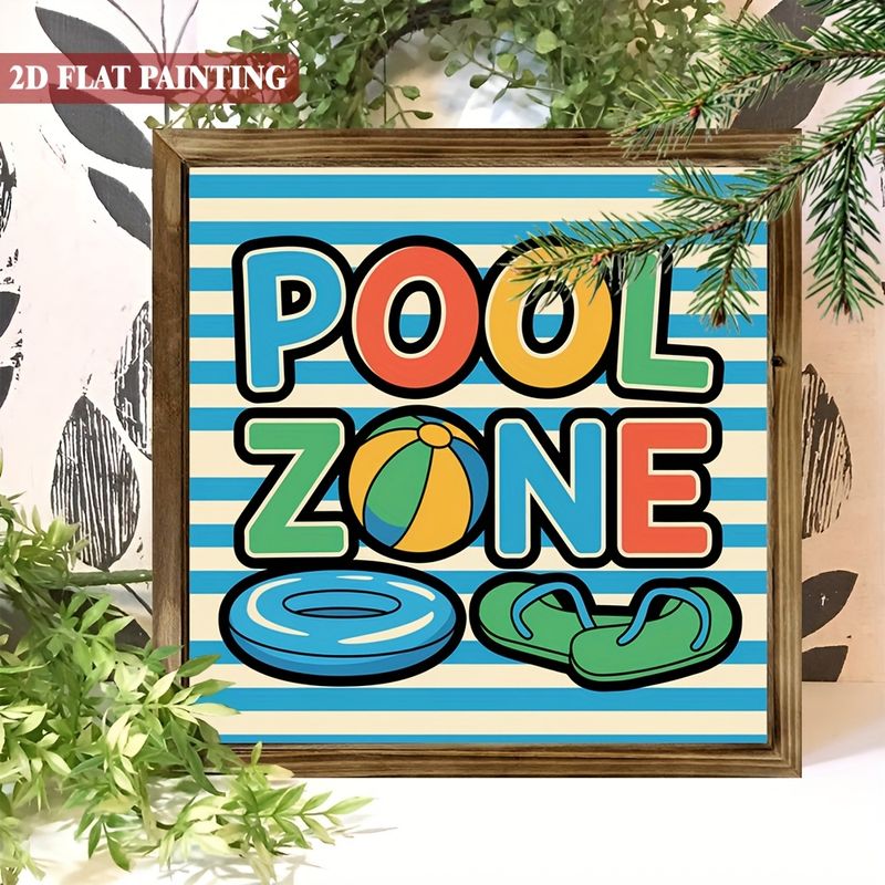 Rustikt træskilt med 'Pool Zone' - 20x20 cm livlig sommerdekoration med badetøj og klipklappere. Perfekt til verandaen, haven eller som sæsongave._voghion.com