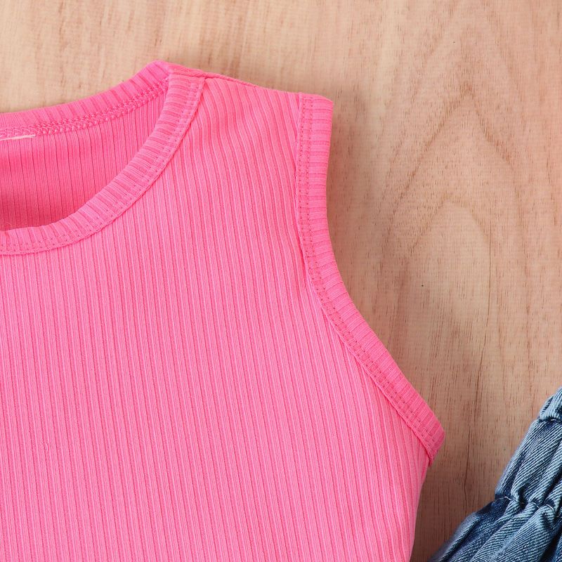 Set da ragazza estivo per bambini delle scuole medie e piccole, a righe, senza maniche, canottiera con spalle scoperte, pantaloni in denim, borsa con fiocco_voghion.com