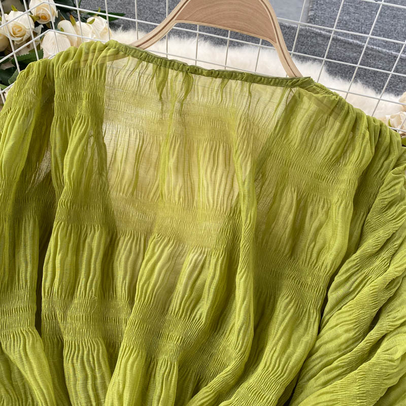Women's niche, pleated puff sleeves, slim, short, fashionable, blogger, versatile chiffon shirt_voghion.com