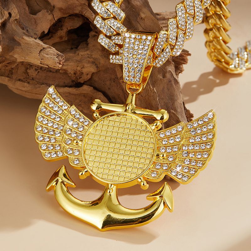 Photo Frame Wings Anchor Full Diamond Creative Design Alloy Rhinestone Cuban Chain Pendant Hip Hop Accessories_voghion.com