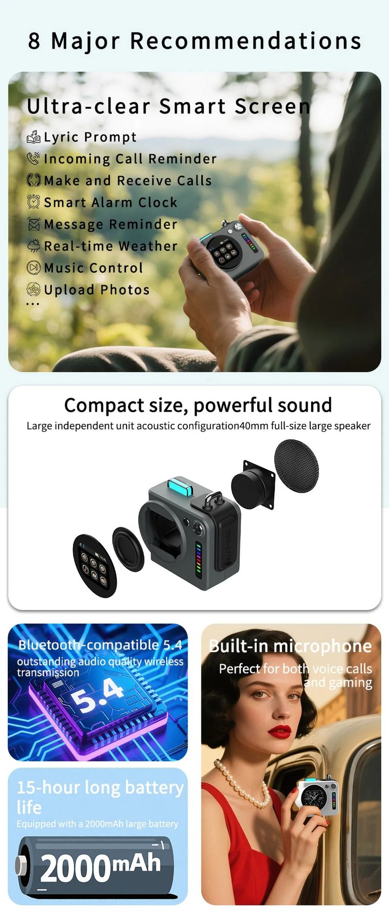 Mini altoparlante Bluetooth classico retrò con schermo intelligente Hi-Fi, lettore musicale con scheda TF, soundbar, luce ambientale RGB, allarme_voghion.com