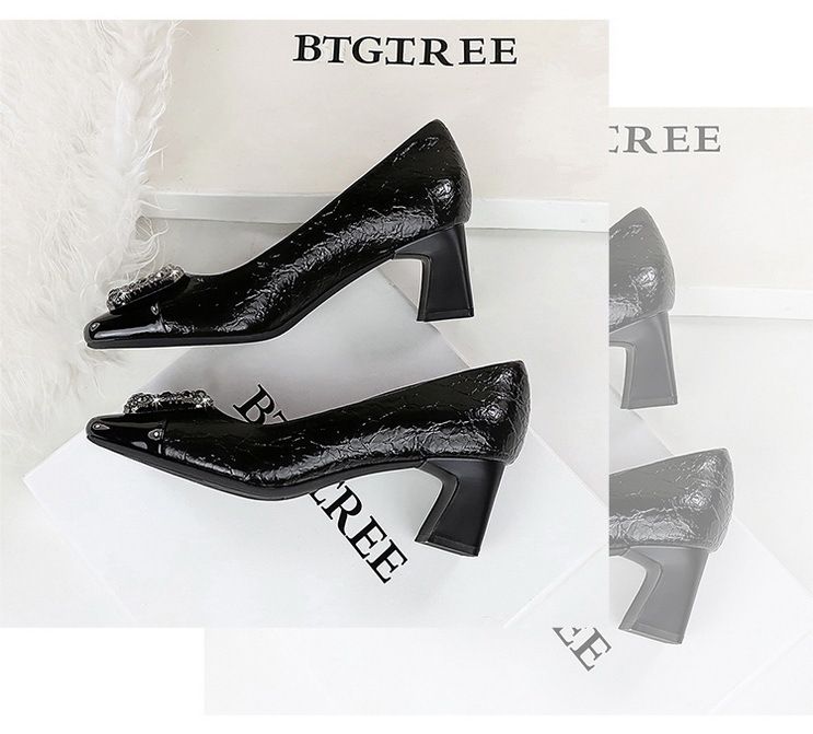 5299-K83 Fashion Party Coarse Women's Color Blocked Square Head Light Mouth Shining Metal Buckle High Heel Single Shoes_voghion.com
