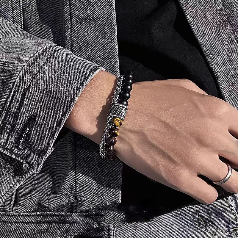 Tiger Eye Stone Luck Beads Titanium Steel Bracelet Men's Non Fading Personality Versatile Women's High End Handmade Accessories Bracelet_voghion.com
