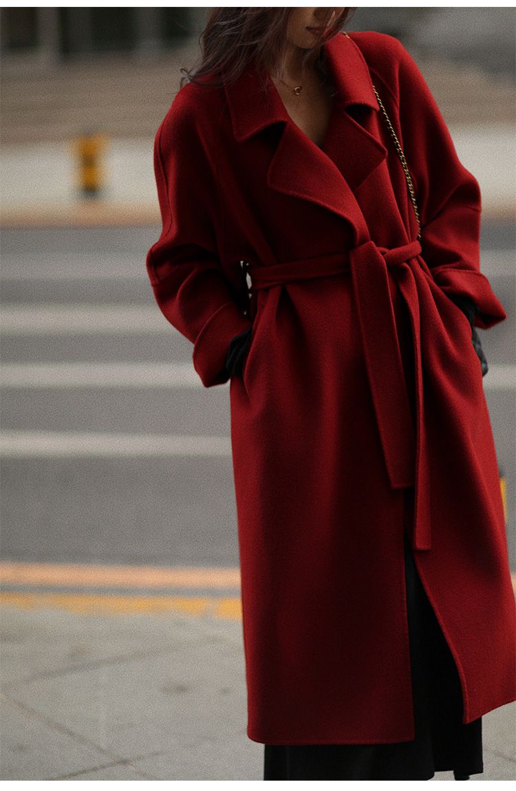 Doppelseitig für Damen, Herbst und Winter 2025, Petite Cashmere Langer roter Schnürmantel aus 100 % Wolle_voghion.com