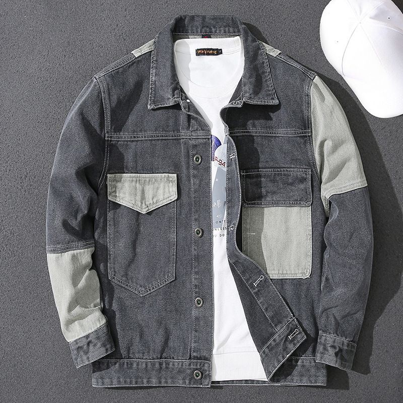 Herrenbekleidung Lockere Arbeitskleidung Plus Samtoberteil Jeansjacke Lockere Passform Arbeitskleidung im koreanischen Stil Fleecegefütterter Freizeitmantel mit Patchwork und Farbblockierung_voghion.com
