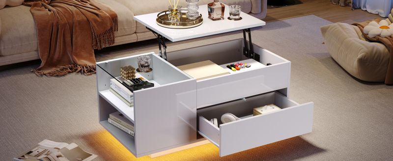 Table basse réglable en hauteur 95 x 48 x 42 cm avec rangement dissimulé, éclairage LED, tiroir et prise – Table d'appoint de salon blanche_voghion.com