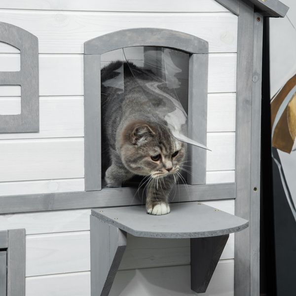 PawHut 2-story Cat House Outdoor, Weatherproof Wooden Cat Enclosure For Feral Cats With Escape Door, Openable Roof, Jumping Platforms, White_voghion.com