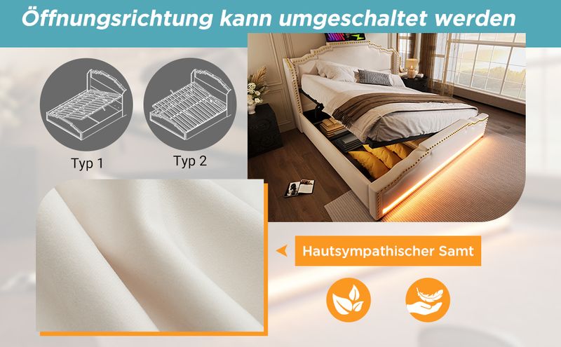 Lit double 140 x 200 cm avec coffre hydraulique, éclairage LED et port de charge USB-C, lit coffre avec sommier à lattes, velours beige, matelas inclus_voghion.com