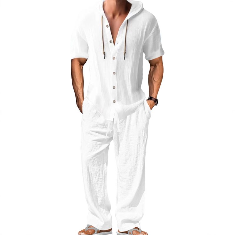 25 Set di pantaloni lunghi larghi con cappuccio e maniche in cotone e lino, casual e sportivo da uomo_voghion.com