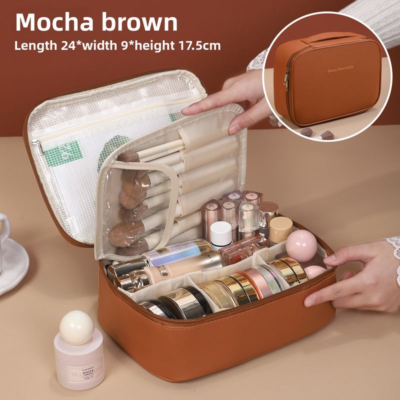 PU Waterproof Makeup With Compartments, Layered, Non-Collapsing, Large Capacity Storage For Women, Portable Toiletry Bag_voghion.com