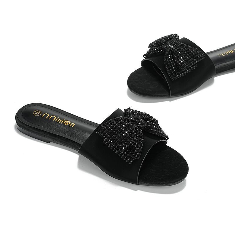 Damen Hausschuhe Damen Ballerinas Sommer Outdoor Strass Bowknot Flache Hausschuhe Offene Zehen High-End-Mode Leichte Luxus Damen S Sandalen Kleine_voghion.com
