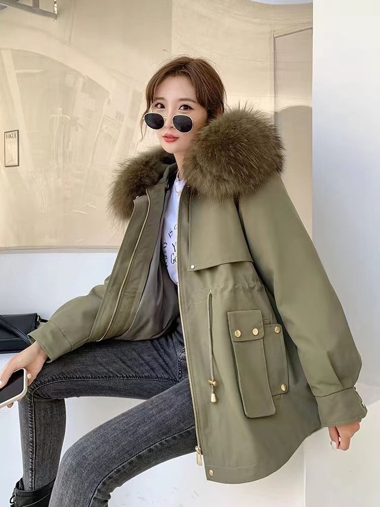 Women's Fashionable Parka Coat With Detachable Fox Fur Collar & Otter Rabbit Fur Lining, Mid-Length Winter Jacke For Casual Style_voghion.com