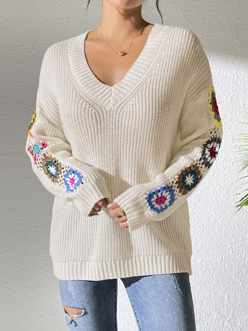 Hand-Crochet Boho Sweater – Oversized V-Neck Pullover With Floral Appliqué (S-XL, Acrylic Knit, Winter Casual Chic)_voghion.com