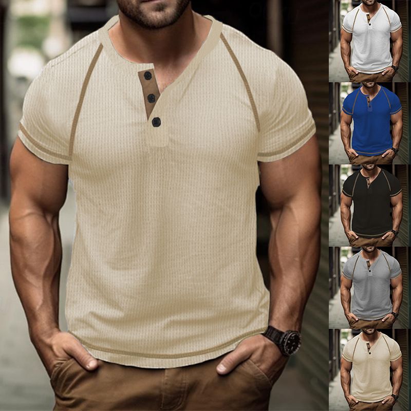 Large round neck buckle men's summer solid oversized waffle casual Henry T_voghion.com