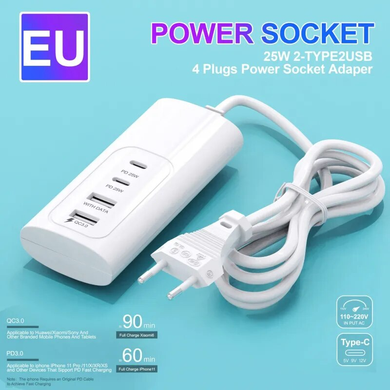 Multifunctional High Speed Multi Port USB Type C HUB EU/US Splitter Socket Expansion Desktop Laptop PD25W QC3.0 Data_voghion.com