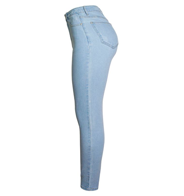 Vêtements pour femmes, pantalon en denim extensible slim taille haute, jean slim délavé de couleur unie_voghion.com