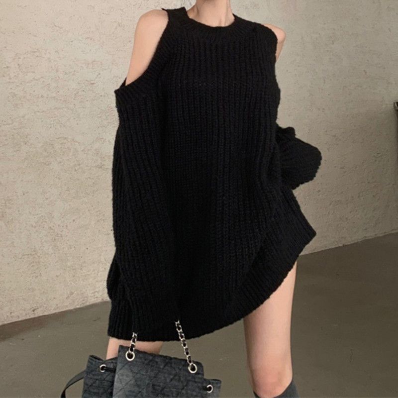 Off-the-shoulder Knitted Sweater Women's Commute Pure Desire Wind Thick Needle Hole Medium And Long Women's Sweater Top Tide_voghion.com