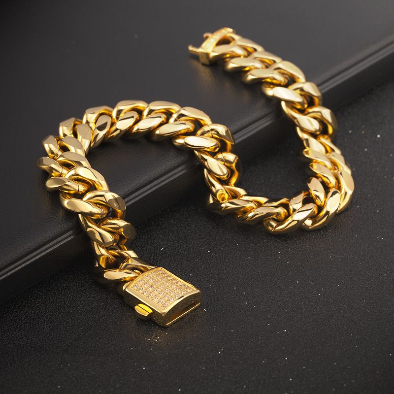 Pulseira masculina de aço titânio com incrustações de aço inoxidável hip hop, corrente cubana, moda cheia de diamantes_voghion.com