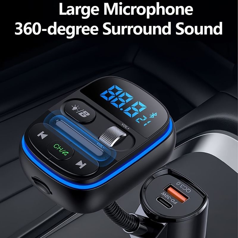 Wireless BT Adapter: 7 Color Backlit, 2 LED Display, QC3.0 Type-C USB Car Charger, FM Transmitter & AUX Radio Receiver,_voghion.com