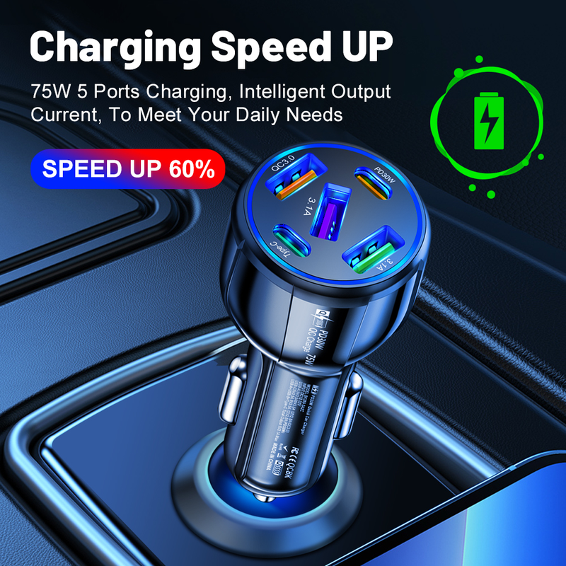PD 75W 5 portos USB autós töltő gyorstöltő autós C-típusú telefon adapter alkalmas iPhone 14, 13, 12 Xiaomi, Huawei,_voghion.com